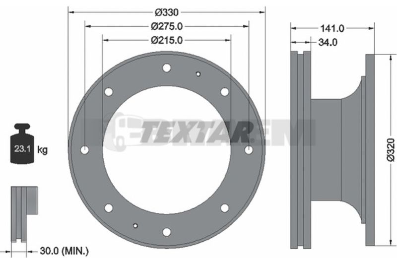 Lkw- und Busersatzteile - Bremssystem - Scheibenbremse und Trommelbremse - Bremsscheibe - TEX93127400