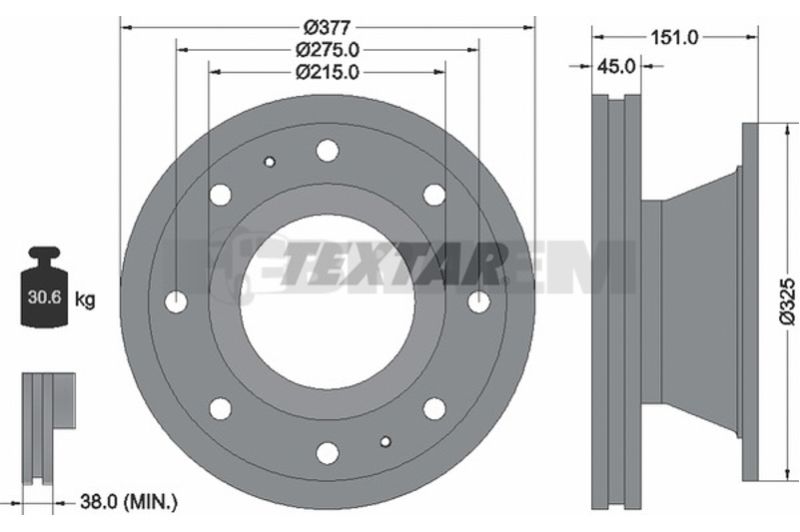 Lkw- und Busersatzteile - Bremssystem - Scheibenbremse und Trommelbremse - Bremsscheibe - TEX93127500